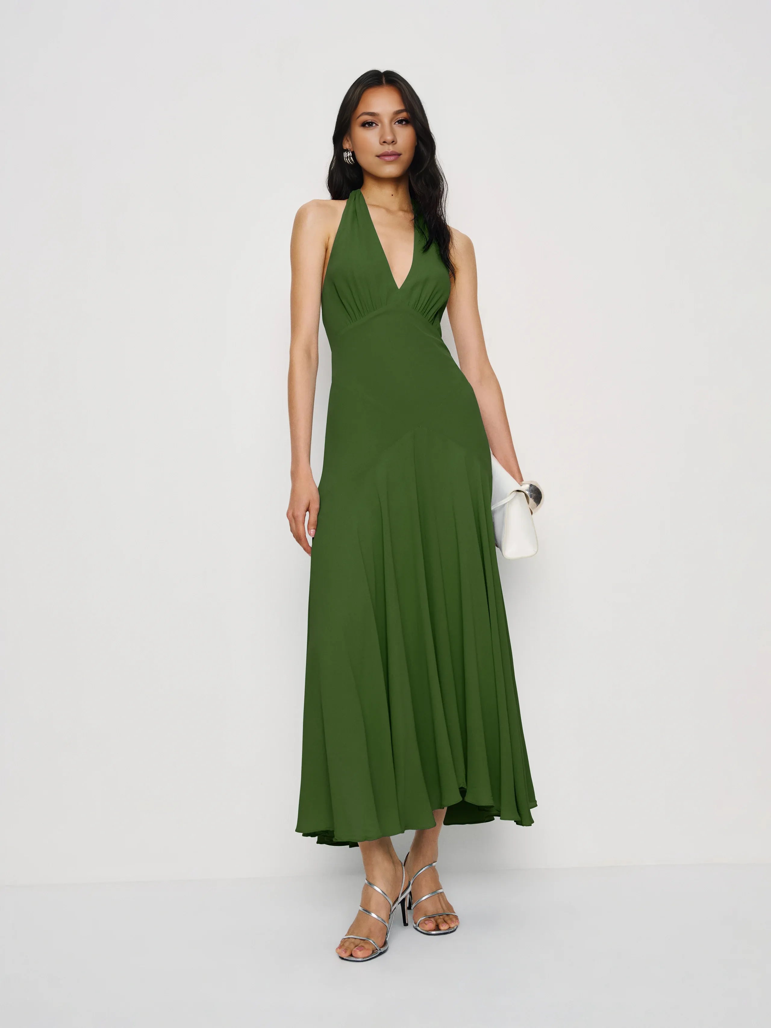 Robe Weitese Vintage Forest Halter Deep V Neck Sleeveless A-Line Robe de bal Robe mi-longue Dos nu Couleur unie Robe de soirée